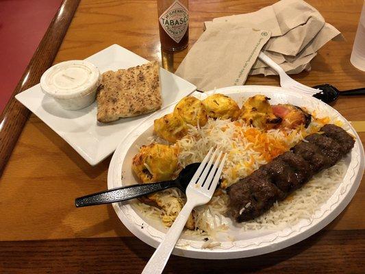 Chicken and koubideh kabob with rice