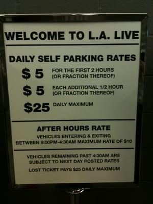 Parking rates at LA Live Parking Garage, as of August 2011