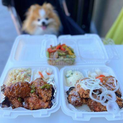 L: Soy Garlic KFC, spicy, R: Creamion KFC | Small - 5 wings, pickled radish, potato/mac salad - $9.99 each