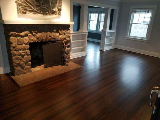 Dark walnut color on 1920 vertical fir Pine Floors. Satin finish. Old Greenwich CT