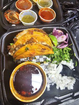 Ordered 3 quesa birria tacos. One didn't survive the photo shoot  straight  pictures don't do it justice.