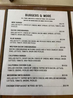 Burgers and more menu