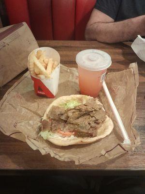 Greek Gyro with crinkle fries no salt and a medium. Strawberry lemonade