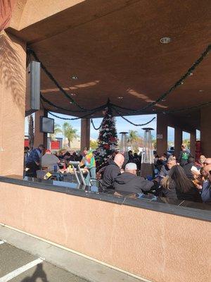 Holiday decorations on the patio are a nice touch!