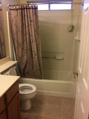 Before of a guest bath - replaced tub and added ceramic tiles and a shampoo niche with glass tiles.