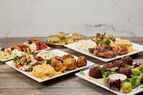 Chicken shish, falafel, chicken pirzola, cold appetizers and baklava