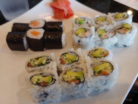 3 roll sushi lunch - salmon, Alaska and California rolls - comes with miso soup and salad for - $12.50