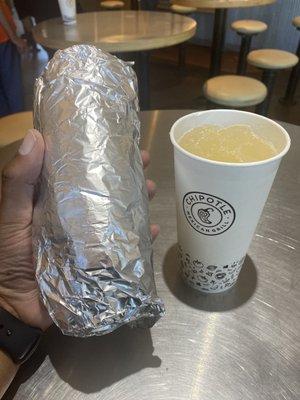 Burrito and lemonade for size comparison