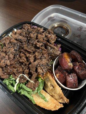 Beef Bibimbap w/ dumplings & sweet potatoes