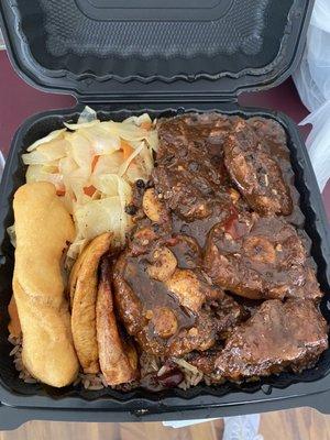 Oxtails with Rice & Peas & Cabbage