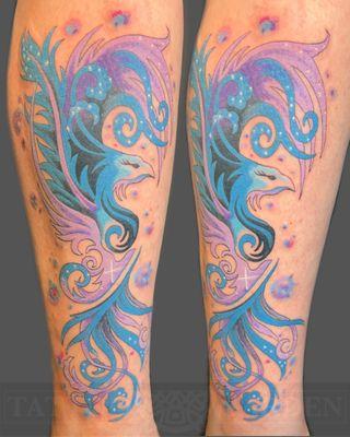 Beautiful decorative Phoenix in blue and purple on calf