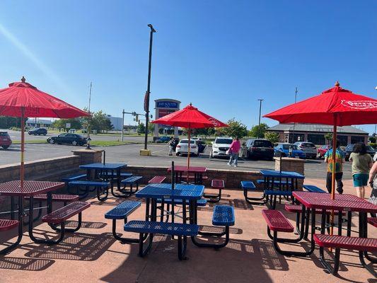 Patio with umbrella and kids game.