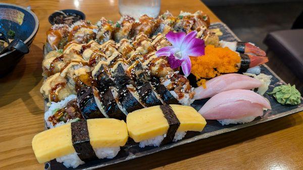 Various sushi rolls and nigiri