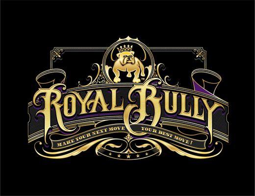 Signage for Royal Bully Agency in the style of 1940s gold foil paint store front signage