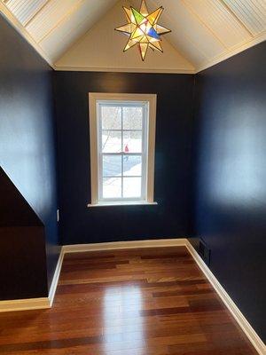 Change to dark navy color.  Significant wall repair and complete trim repair and paint.