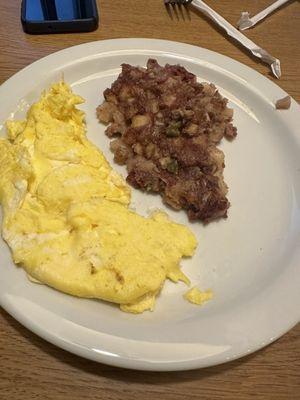 Fluffy perfect eggs and not greasy corned beef