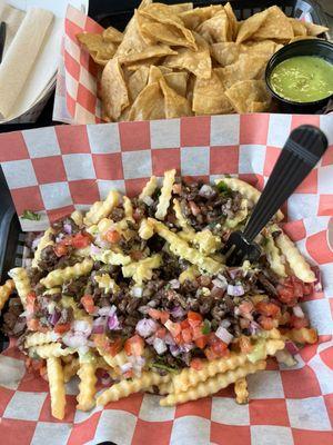 Steak taco fries.  Chips were fresh fried tortillas!