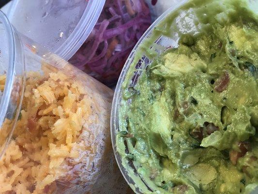 Fresh guacamole, mexican rice n slivered red onion salsa