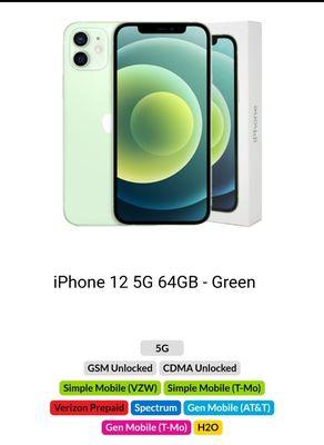 iPhone 12 64GB Green Global Unlocked Verizon/T-Mobile/AT&T/Metro PCS/Boost/Consumer Cellular $500.00