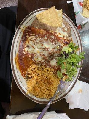 THREE BAKED MEAT ENCHILADAS SERVED WITH RED, GREEN OR SPANISH SAUCE