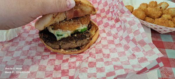 The Popper Burger and Tater Tots