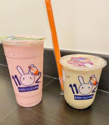 Strawberry mango yogurt and 1102 organic milk tea (jasmine green tea boba)