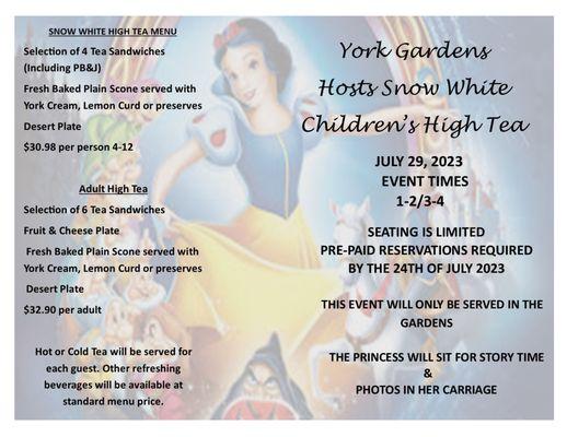 SNOW WHITE TO HOLD STORY TIME COURT IN OUR GARDENS ON JULY 24TH BETWEEN 1-2 & 3-4. 
SPACE IS LIMITED 
PRE-PAID RESERVATIONS REQUIRED