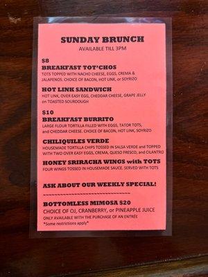 Sunday Brunch Bar Menu when Market Grill is closed.