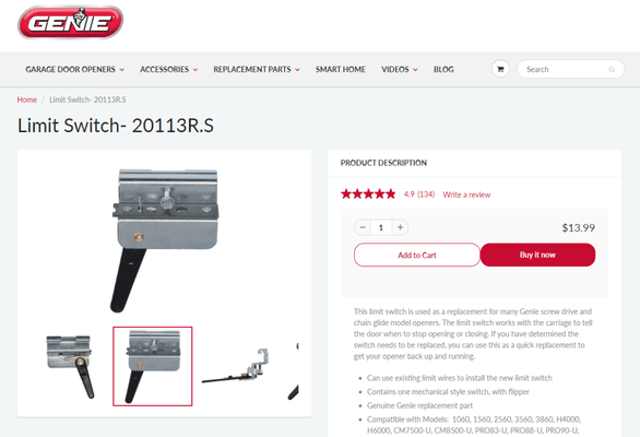 The cost of the limit switch from Genie's website.