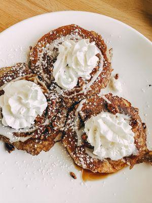 Cinnamon roll French toast, topped with pecans