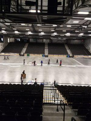 Fox Cities Roller Derby setting up the track for their upcoming game at the Menominee Nations Arena.