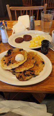 One of my favorites Momma's Breakfast add the blueberries and blueberry syrup. Soft scrambled eggs sausage patties cawfee