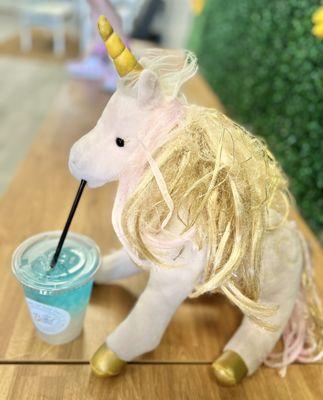 Unicorn~ My daughter LOVES unicorns & brought her unicorn just for the occasion to drink this cotton candy drink, he he!