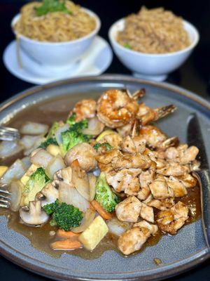 Our Chicken and Shrimp Hibachi dinner paired with noodles and fried rice.