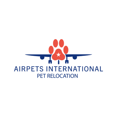 Airpets International Pet Relocation logo of an airplane with a paw on it.