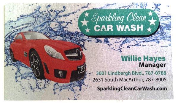 Sparkling Clean Car Wash business card.