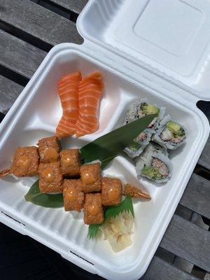 King Salmon Nigiri ($8 for two pieces), California Roll ($9 for 8 pieces), Tokyo Roll ($13 for 8 pieces)