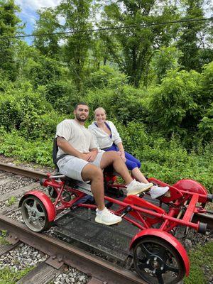 Me and boyfriend on tandem bike. Staff took photos for us