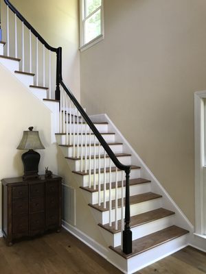 Benchmark Painting removed the old carpet from the stairs, painted and stained. Looks great!