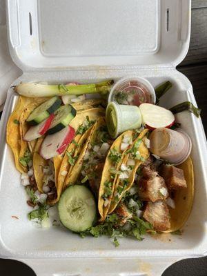 Chicharron tacos, barbacoa tacos.