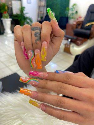 Acrylic Nails, Tapered Square, Rainbow Flames, Aesthetic Arts