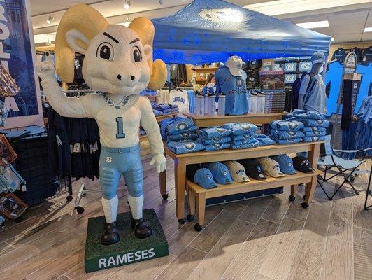 Inside UNC Student Stores. Rameses statue.