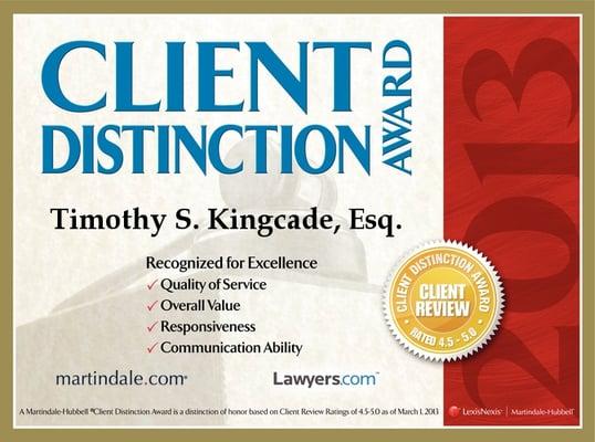 Attorney Timothy S. Kingcade Earns Client Distinction Award!