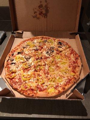 Pizza was warm, pineapples delicious only suggestion is to cut 14" large in 8 pieces instead of 6