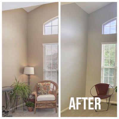 Sitting area in dining room, left is before and right after. Went from tan to grey.