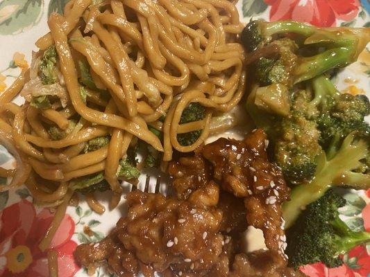 Vegetable lo mein, sesame chicken and beef and broccoli