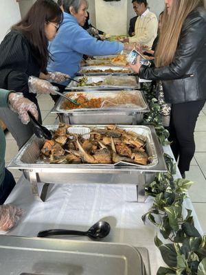 Buffet included: fried fish, lumpia, chicken, beef steak, veggies and desserts