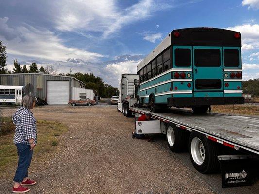 School bus conversion arriving in Watrous, New Mexico