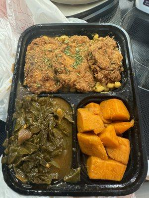 Fried mushrooms, sweet potatoes, greens, Mac and cheese