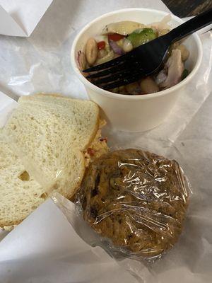 Half pimento cheese, Mediterranean salad, and oatmeal raisin cookie. $11.02.